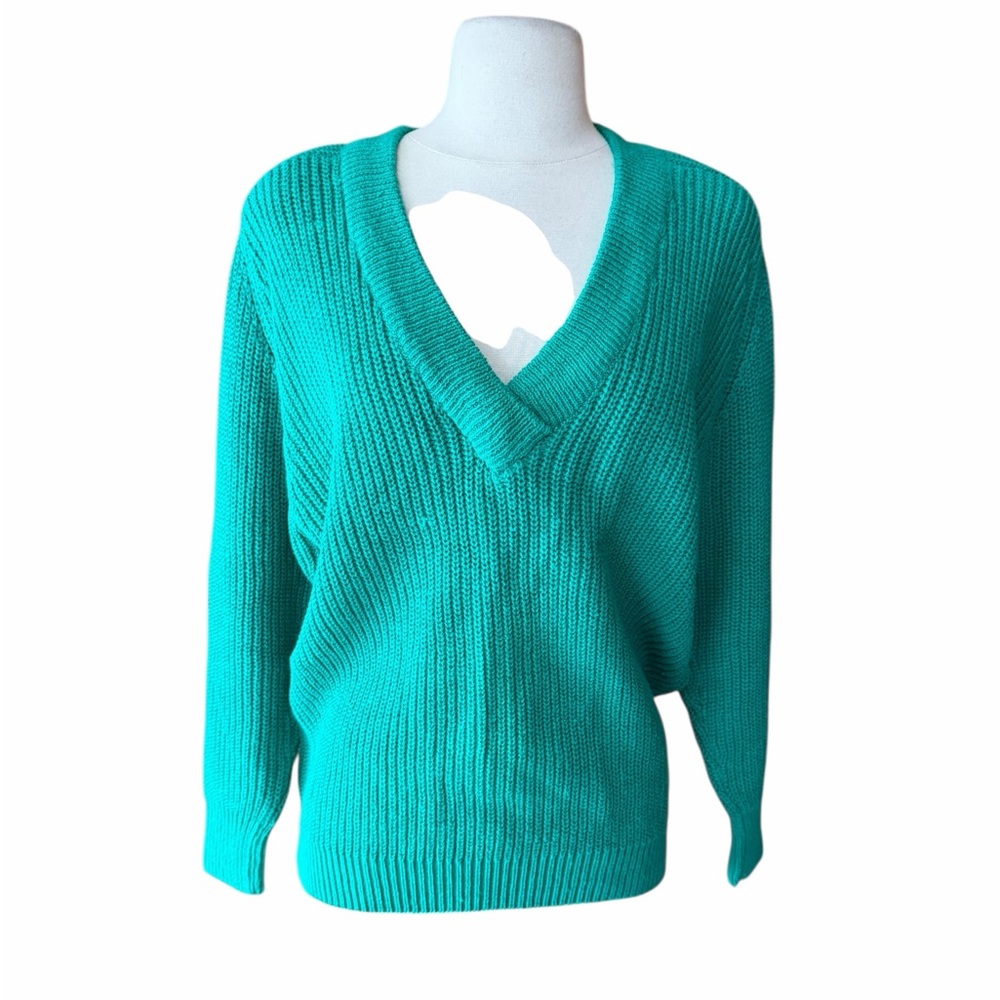 Deadstock 1980s/90s David Hollis Oversized‎ Ramie/Cotton Blend Teal Green V-Neck